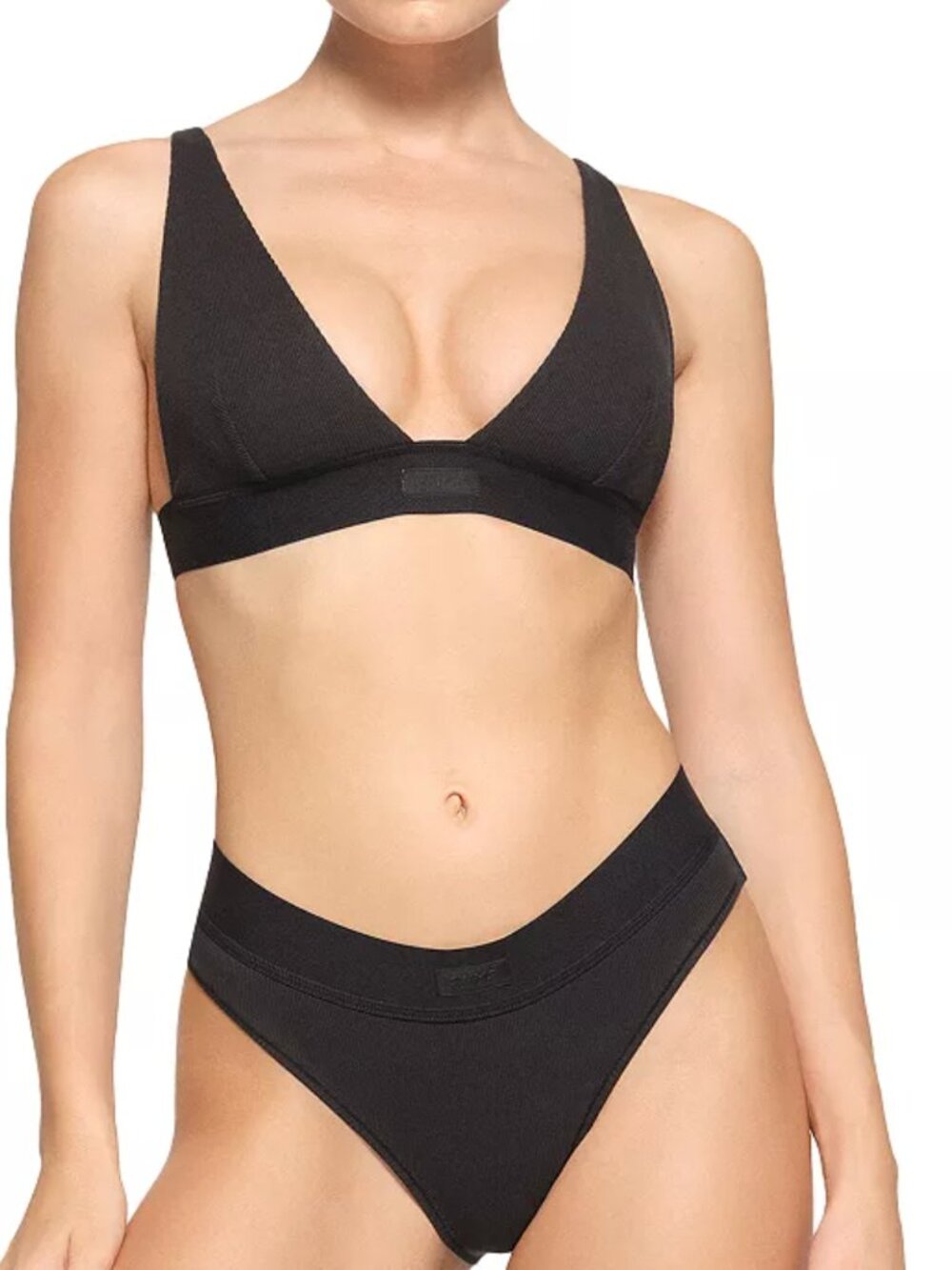 SKIMS Cotton Rib Plunge Bralette in Soot Black